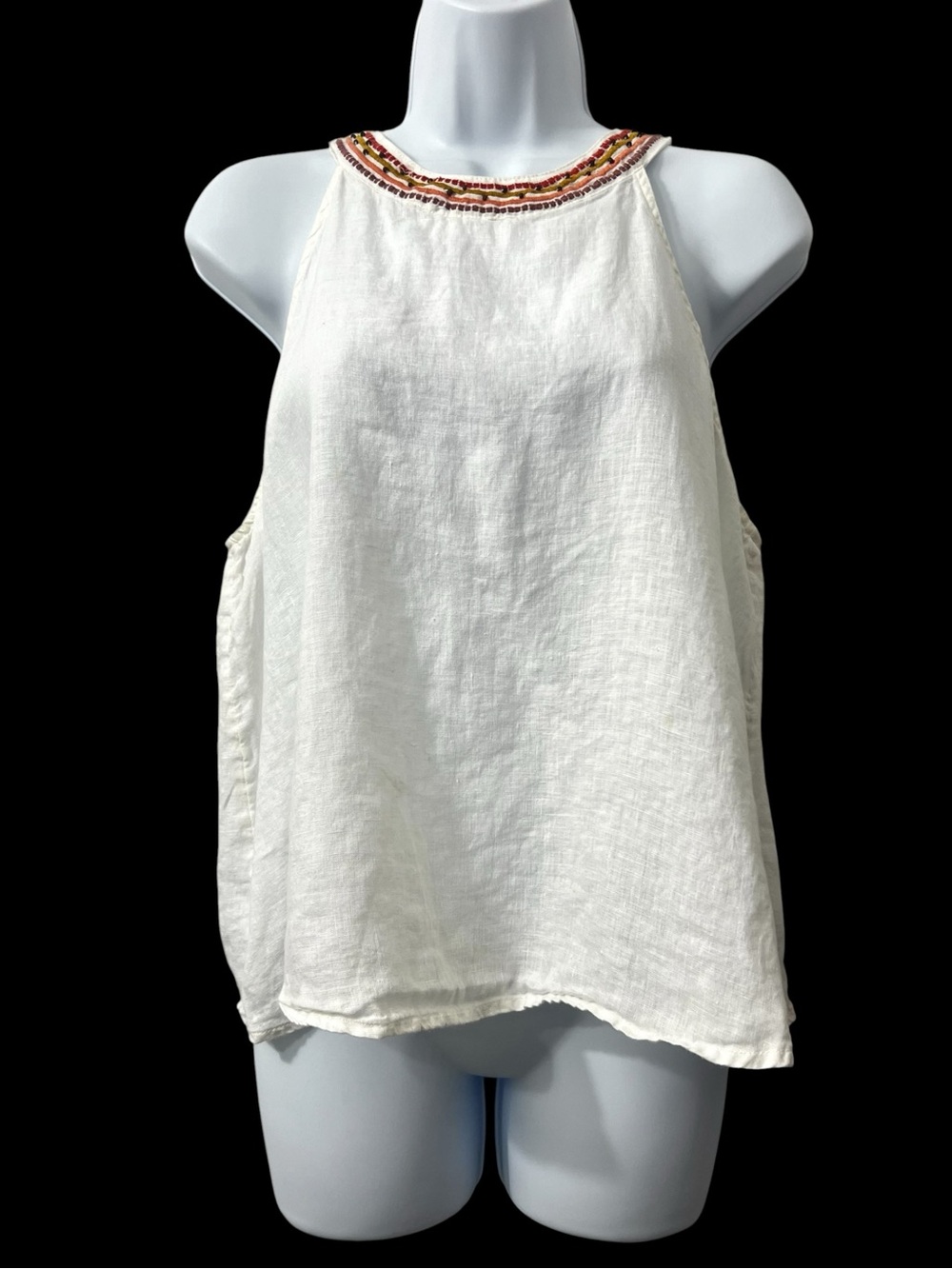 Women’s Embroidered 100% Linen White Sleeveless Top Women Sze L Boho Coastal
